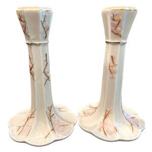Vintage Belleek "Thorn" Ivory Porcelain Candlesticks (2) ~ 7th Brown Mark